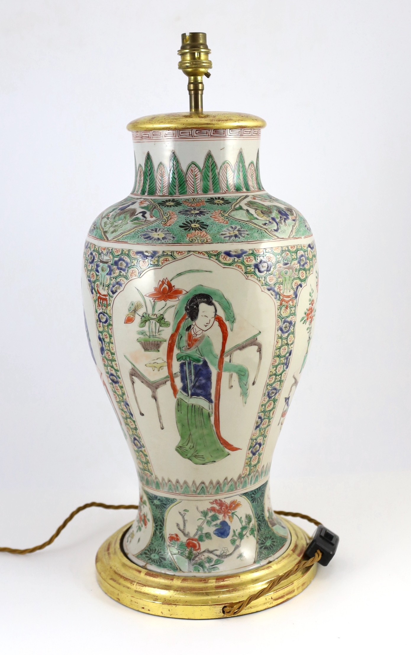 A Chinese famille verte baluster ‘Four Beauties’ baluster vase, Kangxi period, vase 42cm high, lower third restored, base lacking and mounted as a lamp, total height 53cm